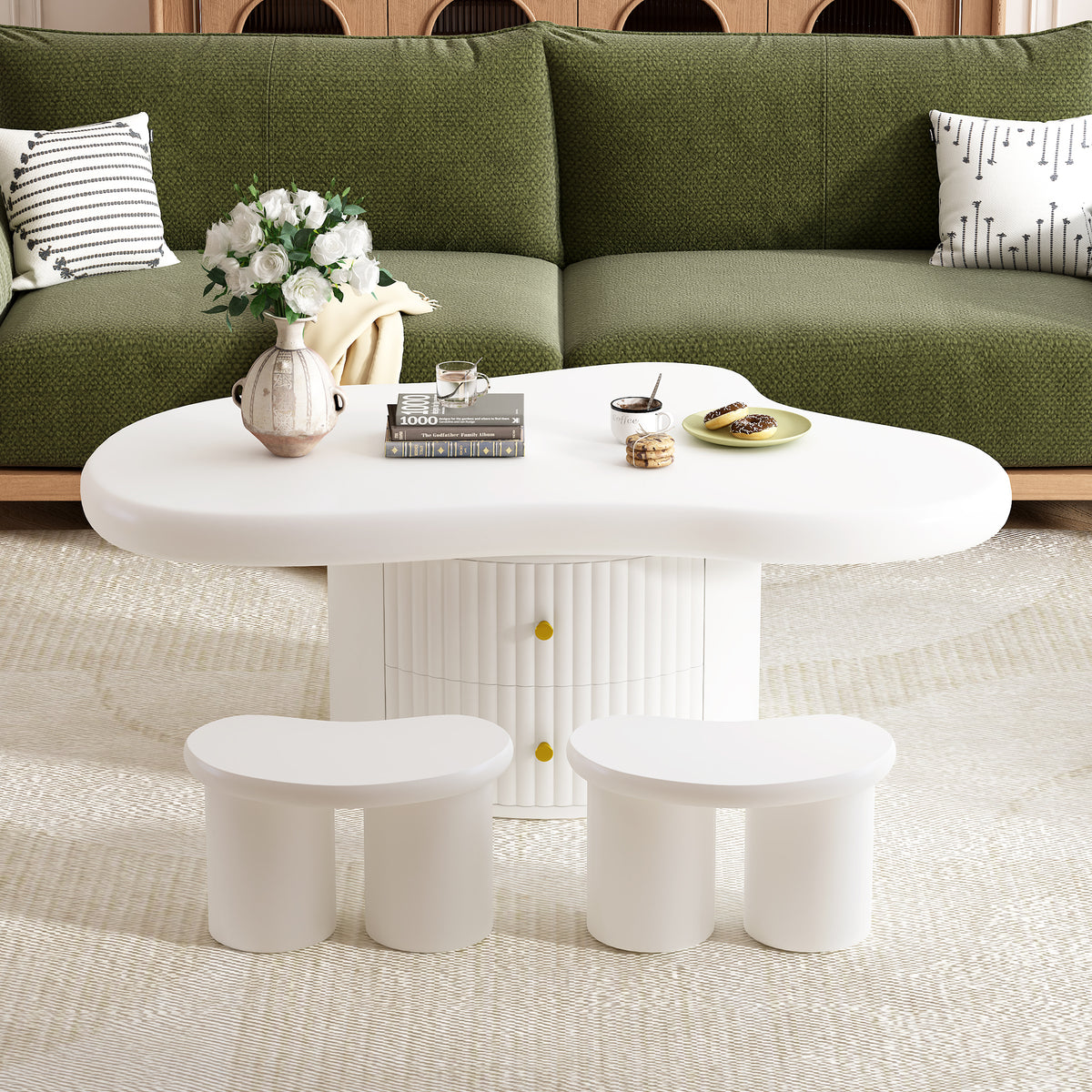 Cloud-Shaped Coffee Table With Stools And Drawers