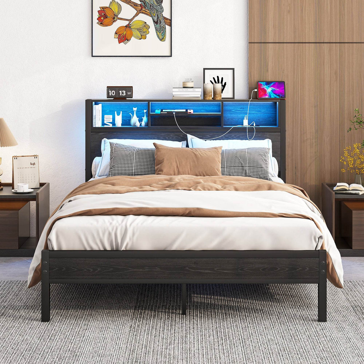 Full Size Metal Wood Storage Bed Frame With Charging Station