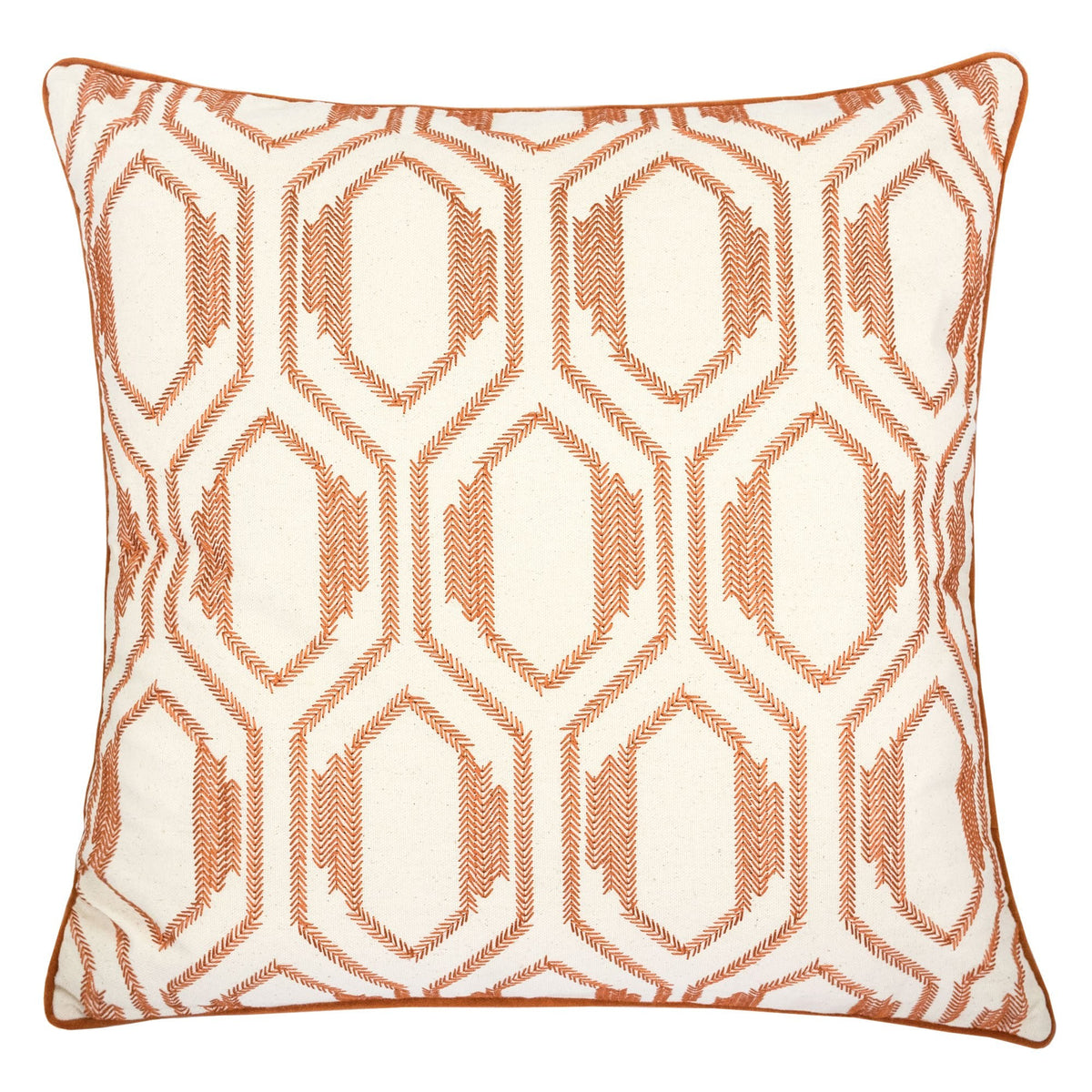 Geometric Embroidered Cotton Throw Pillow Rust Accent