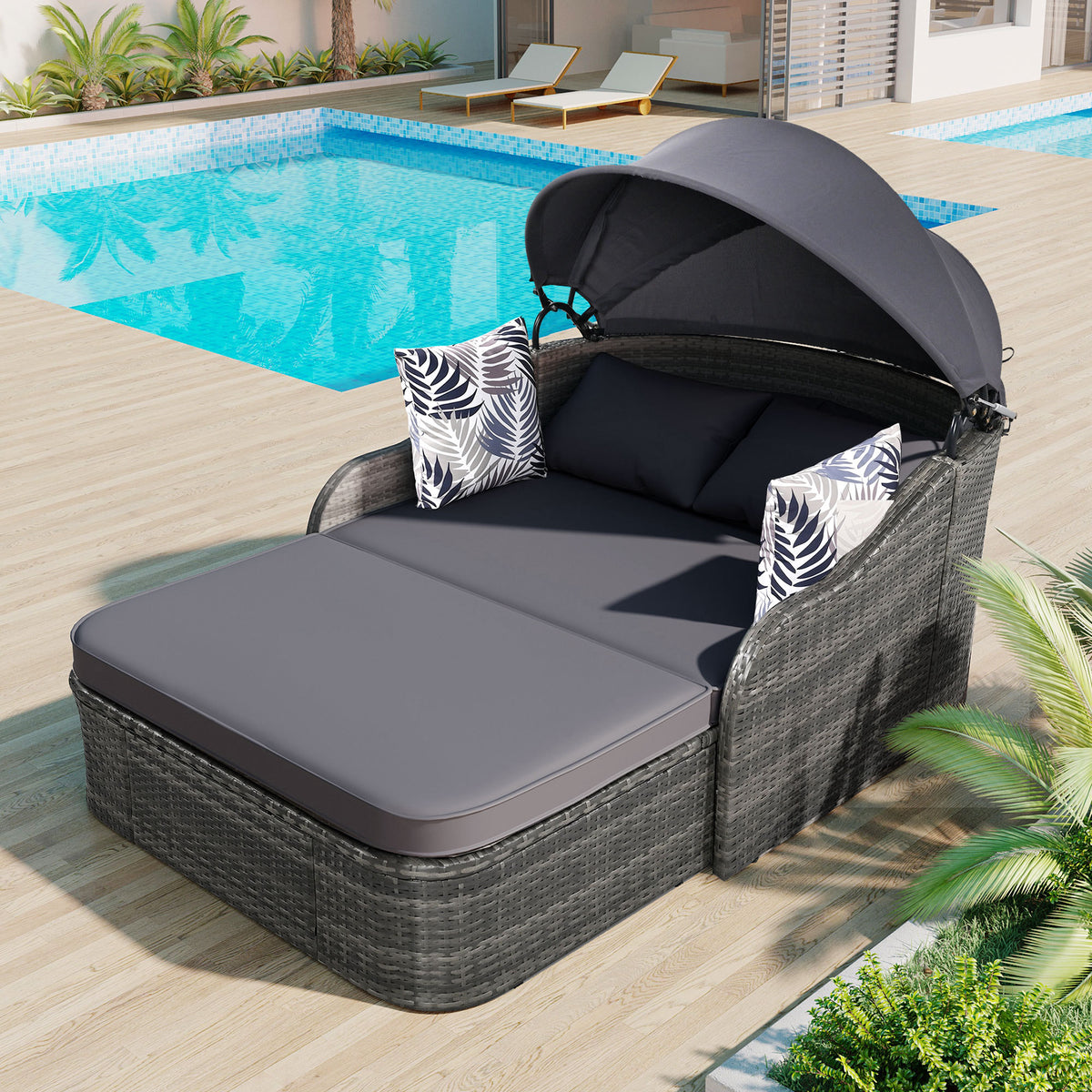 Outdoor PE Rattan Adjustable Canopy Double Sunbed