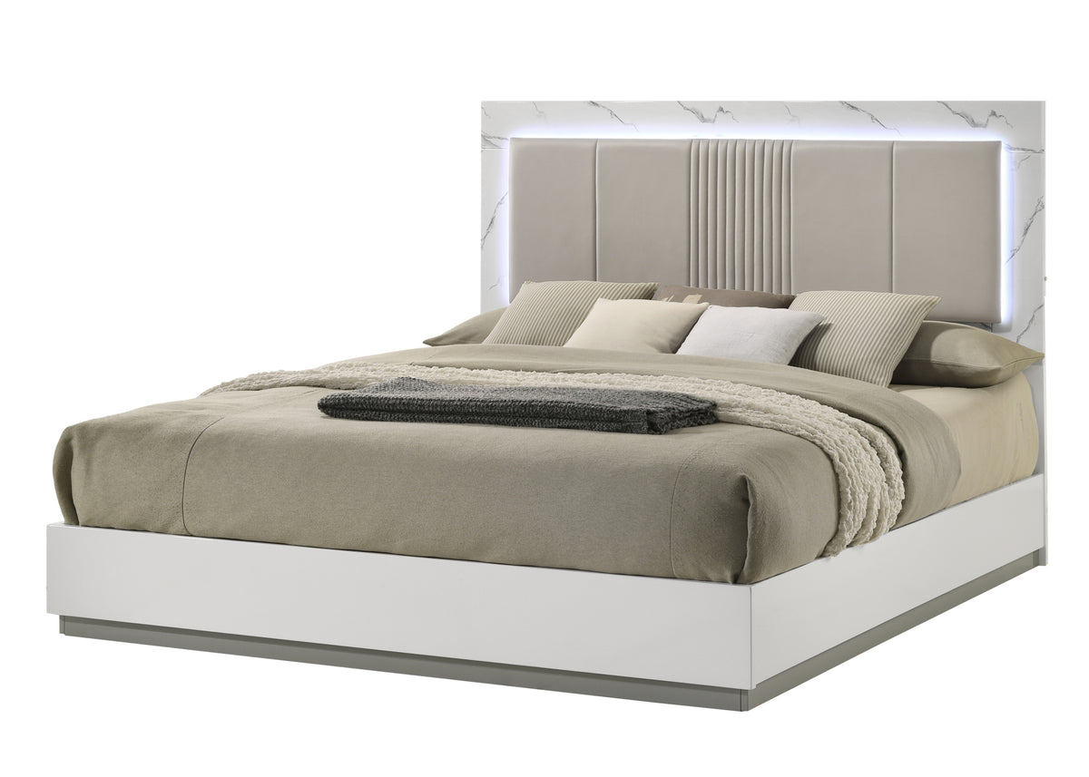 Modern White Lacquer Wood King Bed Frame With LED Lighting