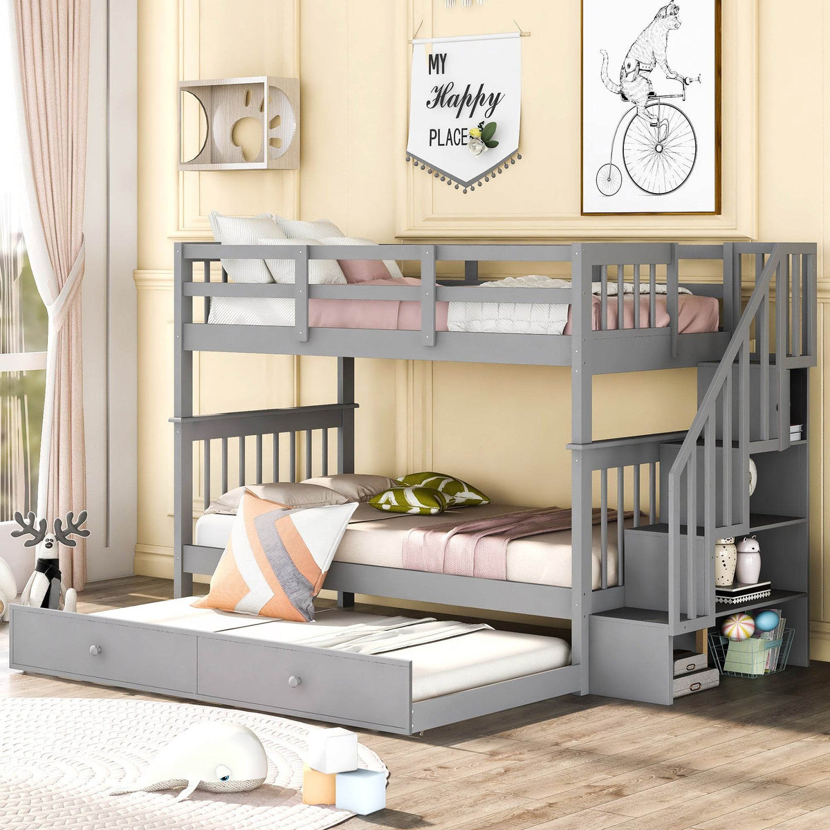 Stairway Twin-Over-Twin Solid Wood Bunk Bed With Trundle