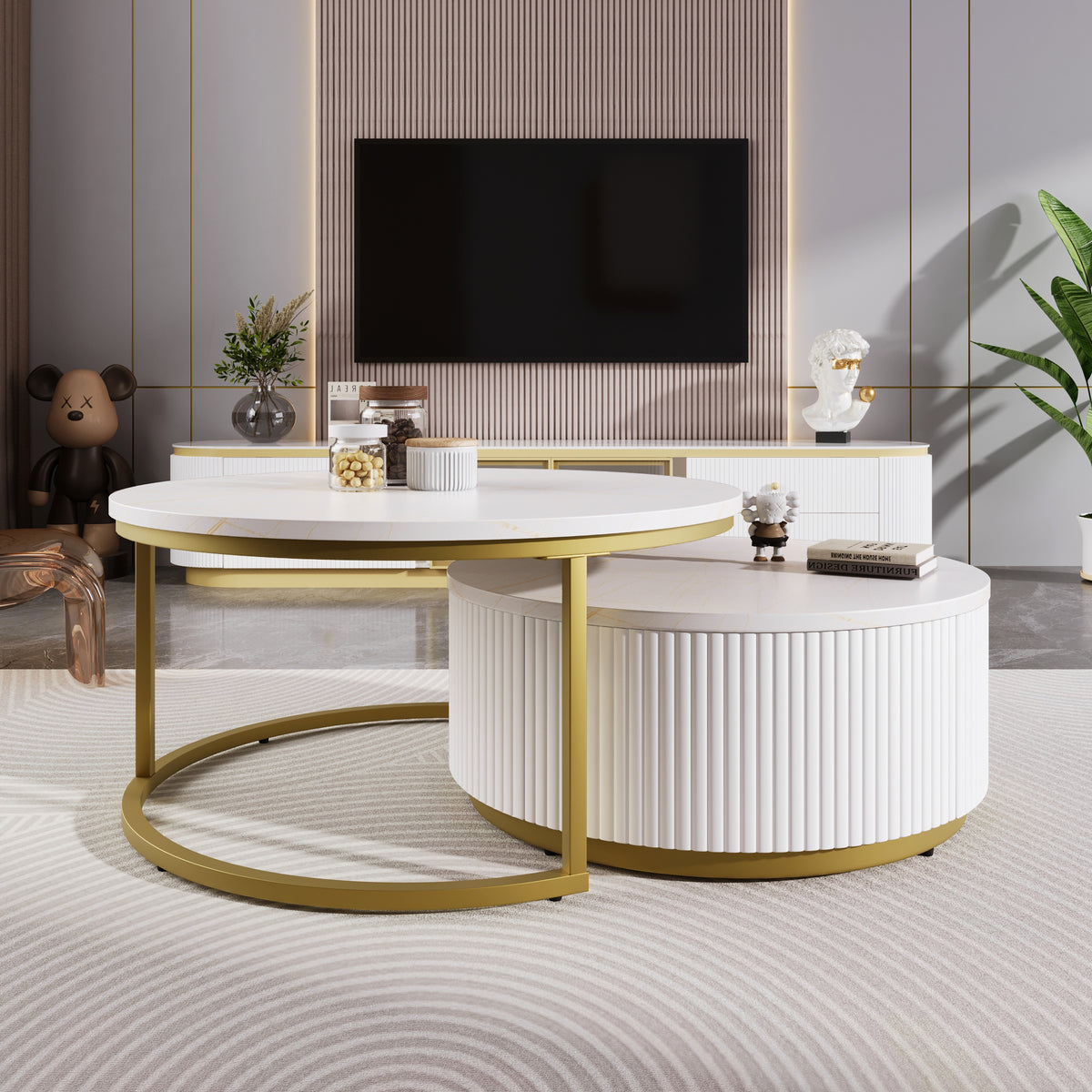 Modern Round Nesting MDF Coffee Table With Drawer