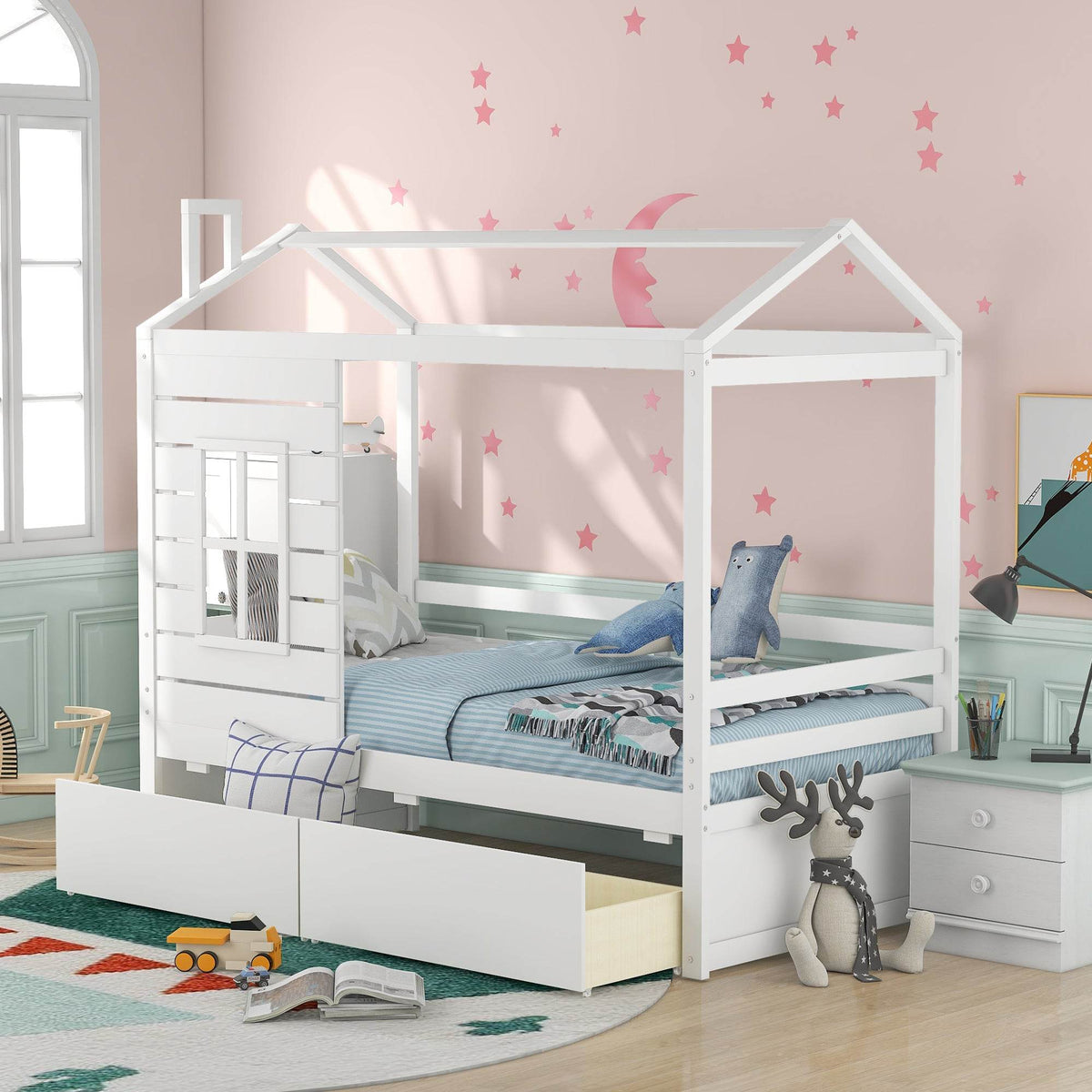 Twin Solid Wood House Bed With Two Drawers