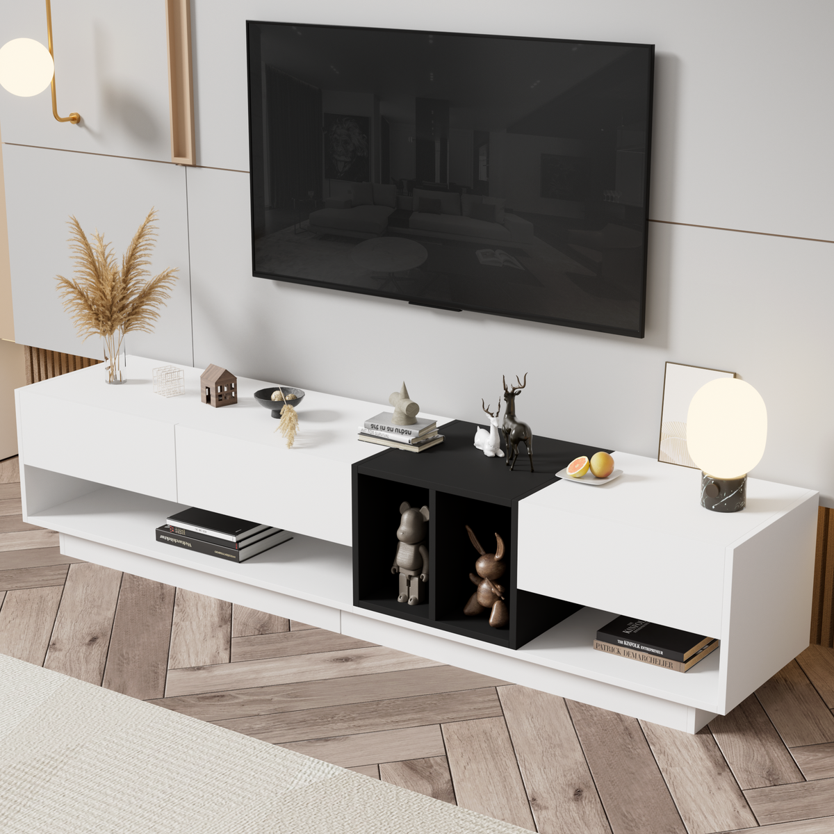 Two-Tone Particle Board White TV Stand With Storage