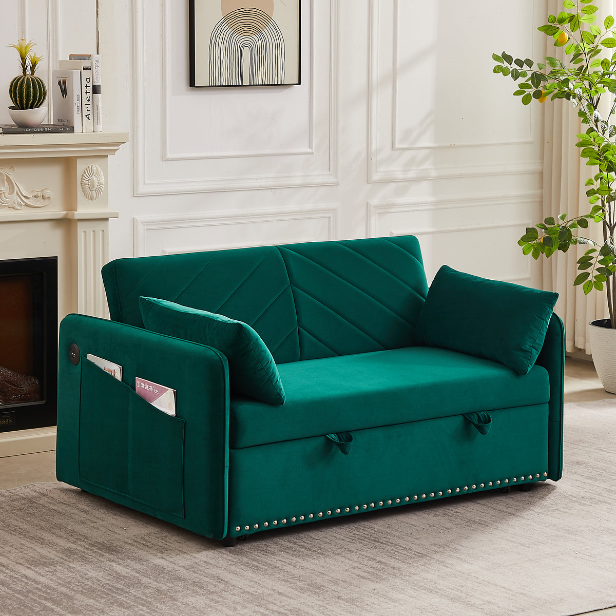 Velvet Adjustable Sleeper Sofa Bed With USB Port