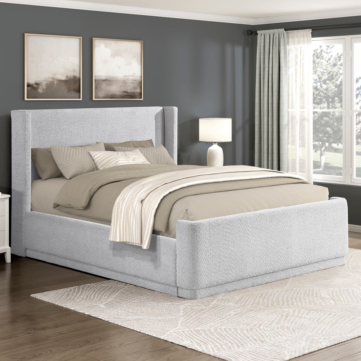 Queen Light Gray Wingback Upholstered Plywood Platform Bed