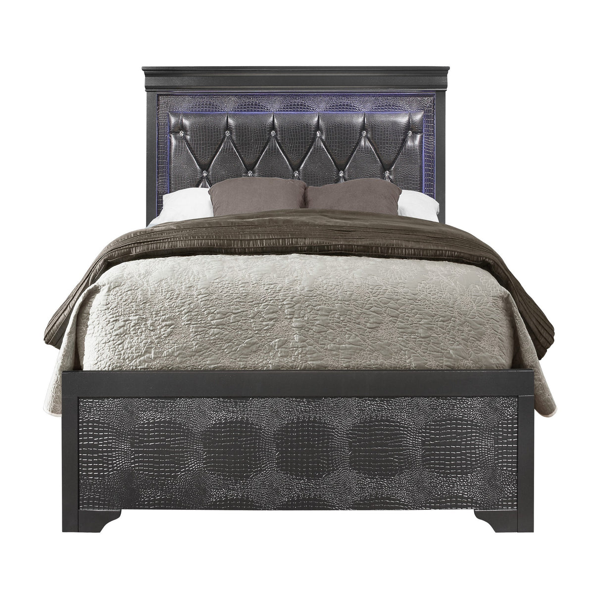Metallic Grey Full Panel Bed Frame With LED Lighting