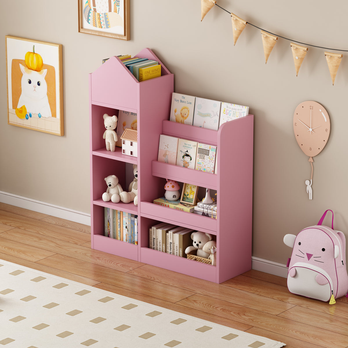 Pink Kids Wooden Storage Bookshelf Organizer
