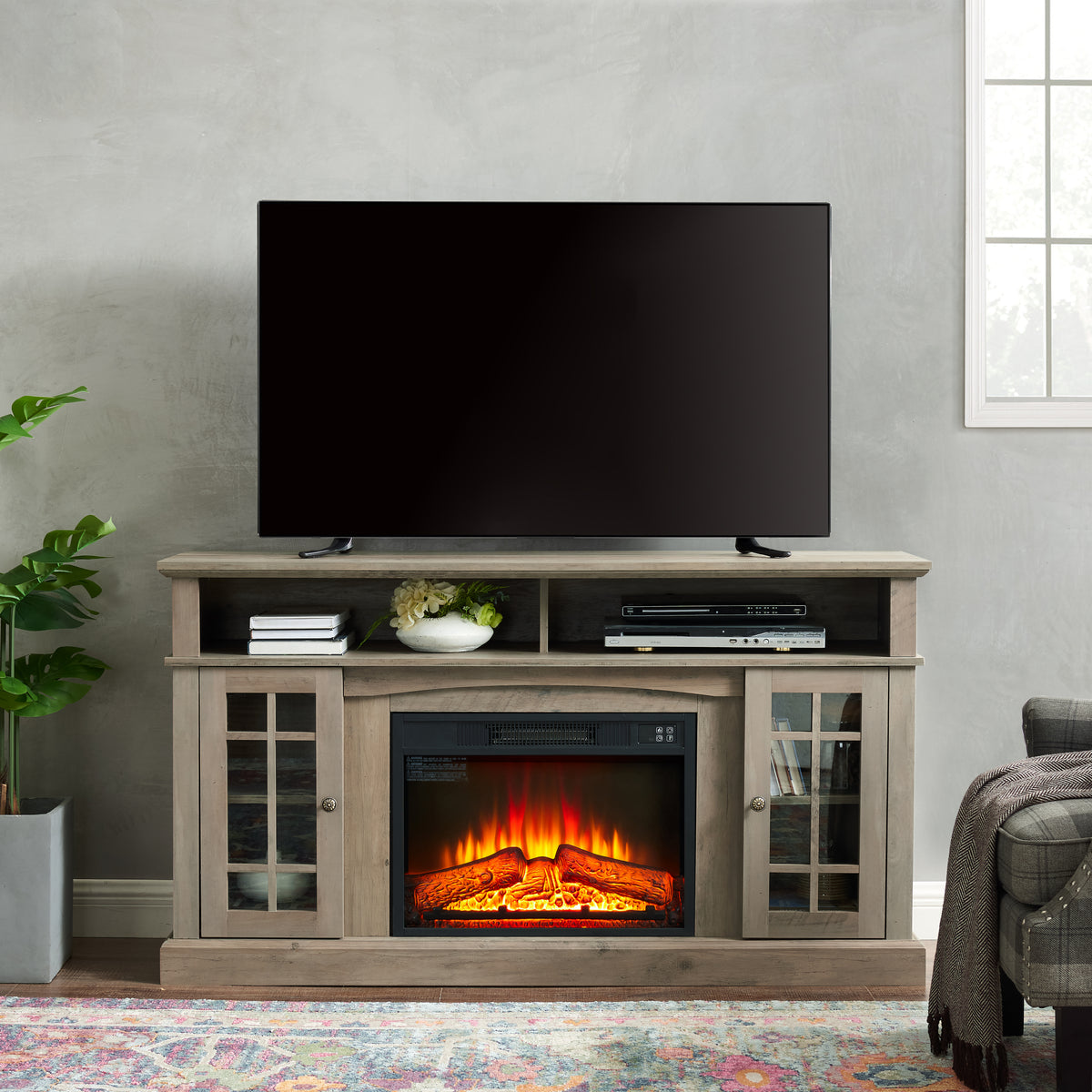 American Traditional Gray Wash Fireplace TV Stand Console