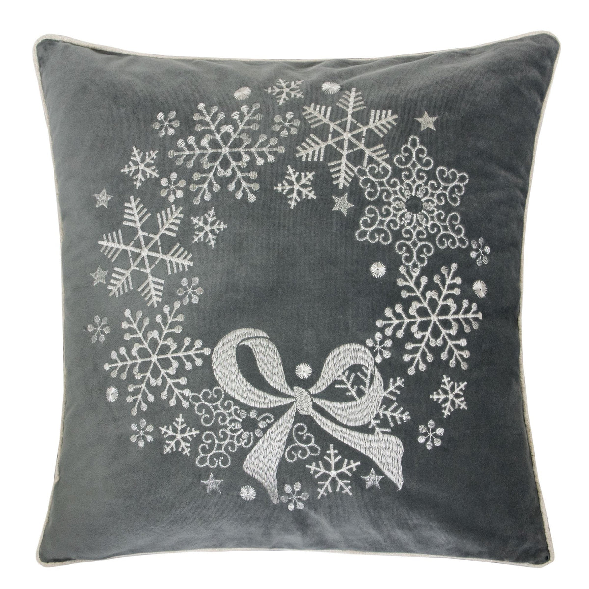 Gray Velvet Holiday Embroidered Snowflake Throw Pillow 20x20