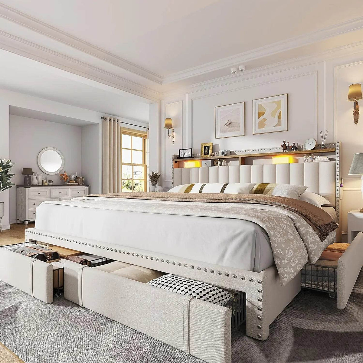 Upholstered Bed Frame with Storage Drawers - Sleep Galleria