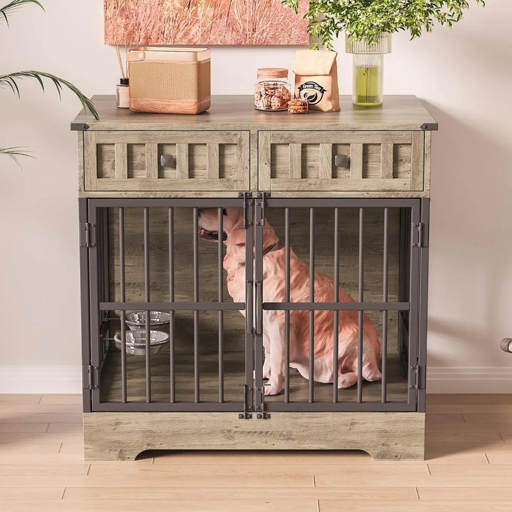 Indoor Wooden Dog Crate Furniture With Adjustable Feeder