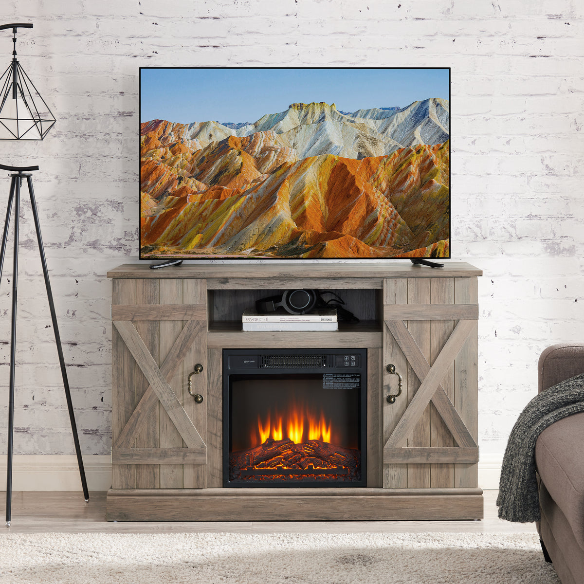 Farmhouse Gray Wash MDF Media TV Stand Fireplace