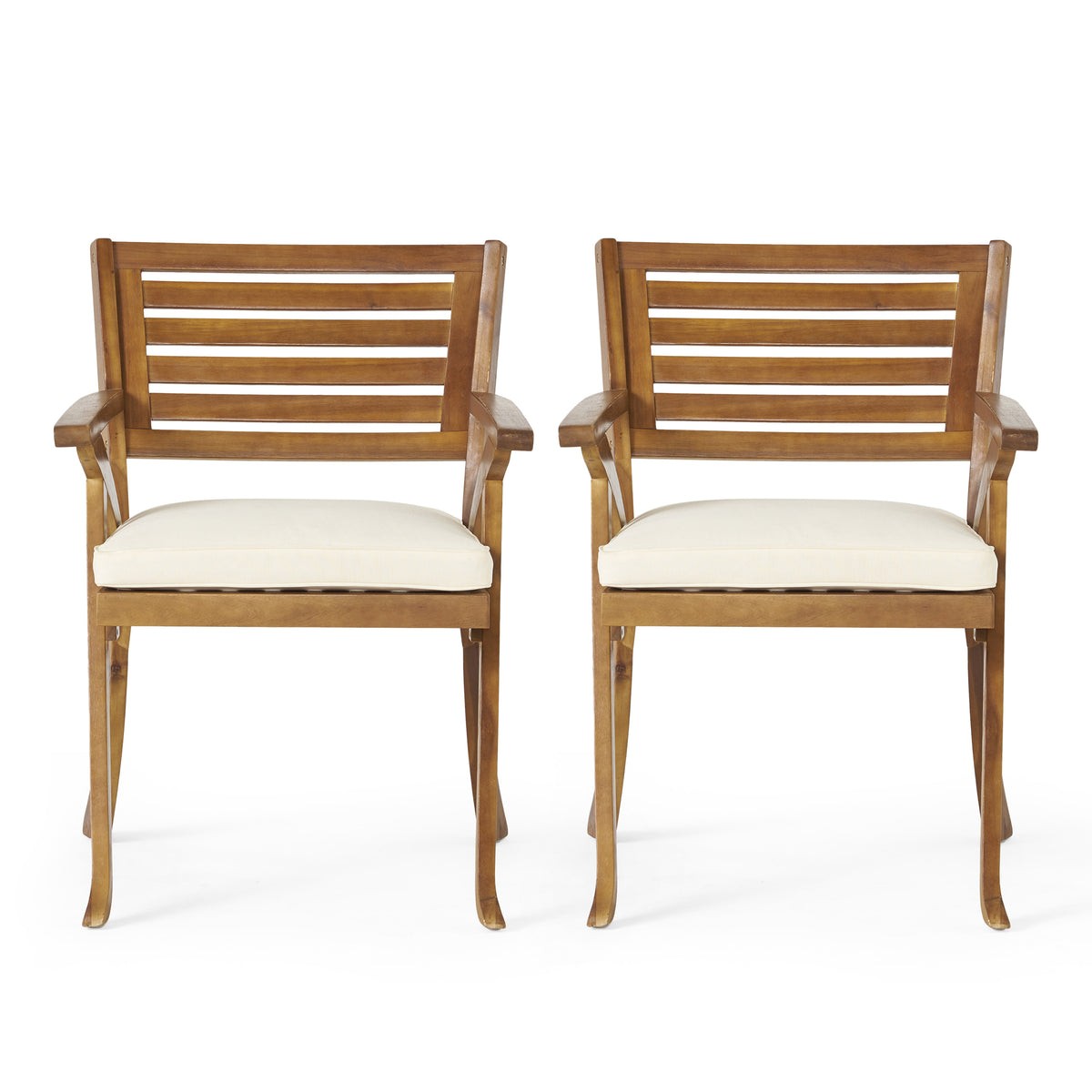 Pair Of Acacia Wood Outdoor Dining Armchairs With Cushions