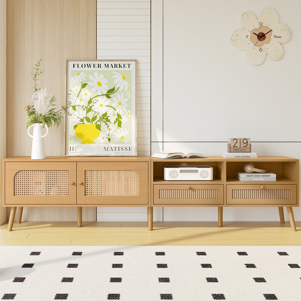 Boho Farmhouse Solid Wood TV Stand Cabinet