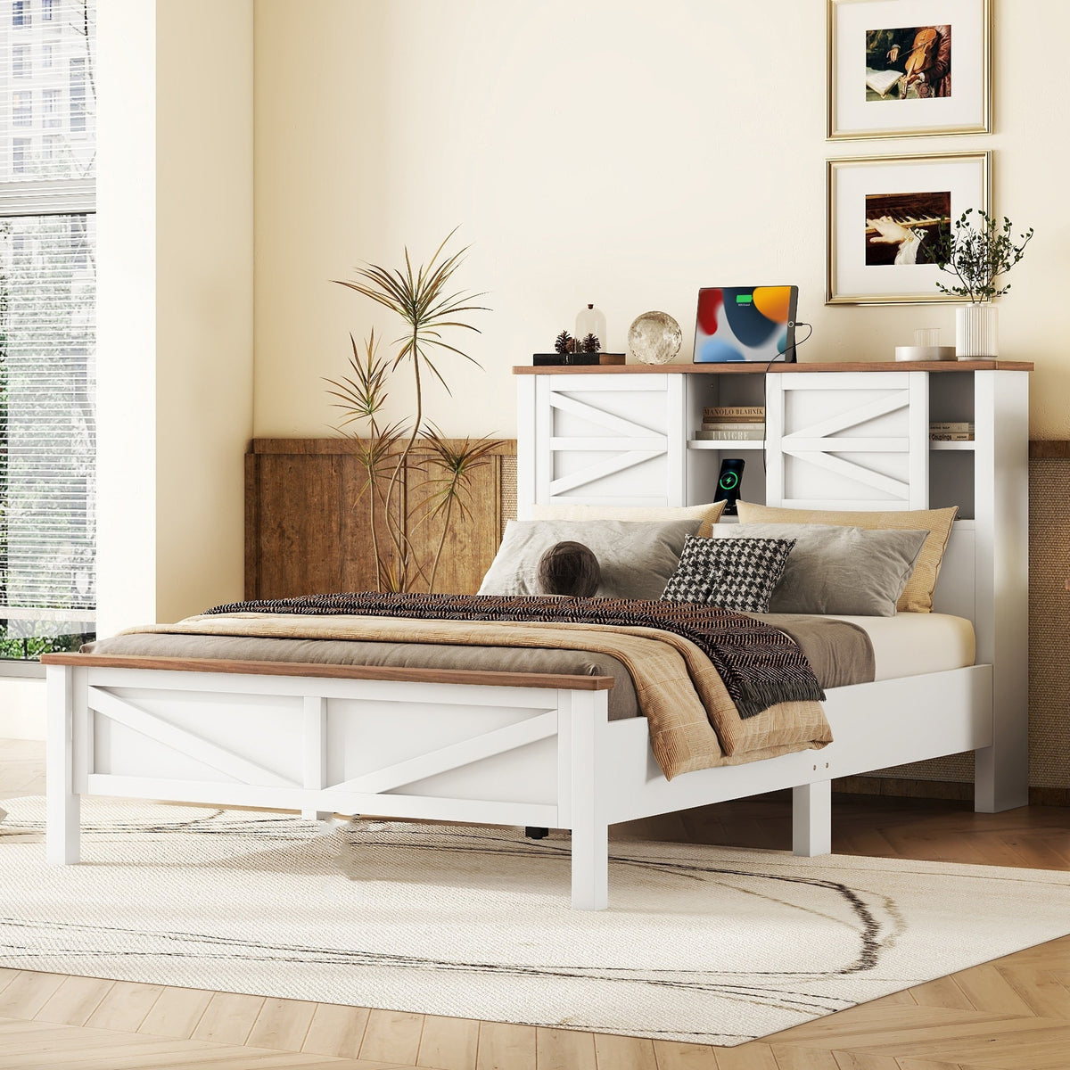 Full Platform Bed With Double Sliding Barn Door Charging Station