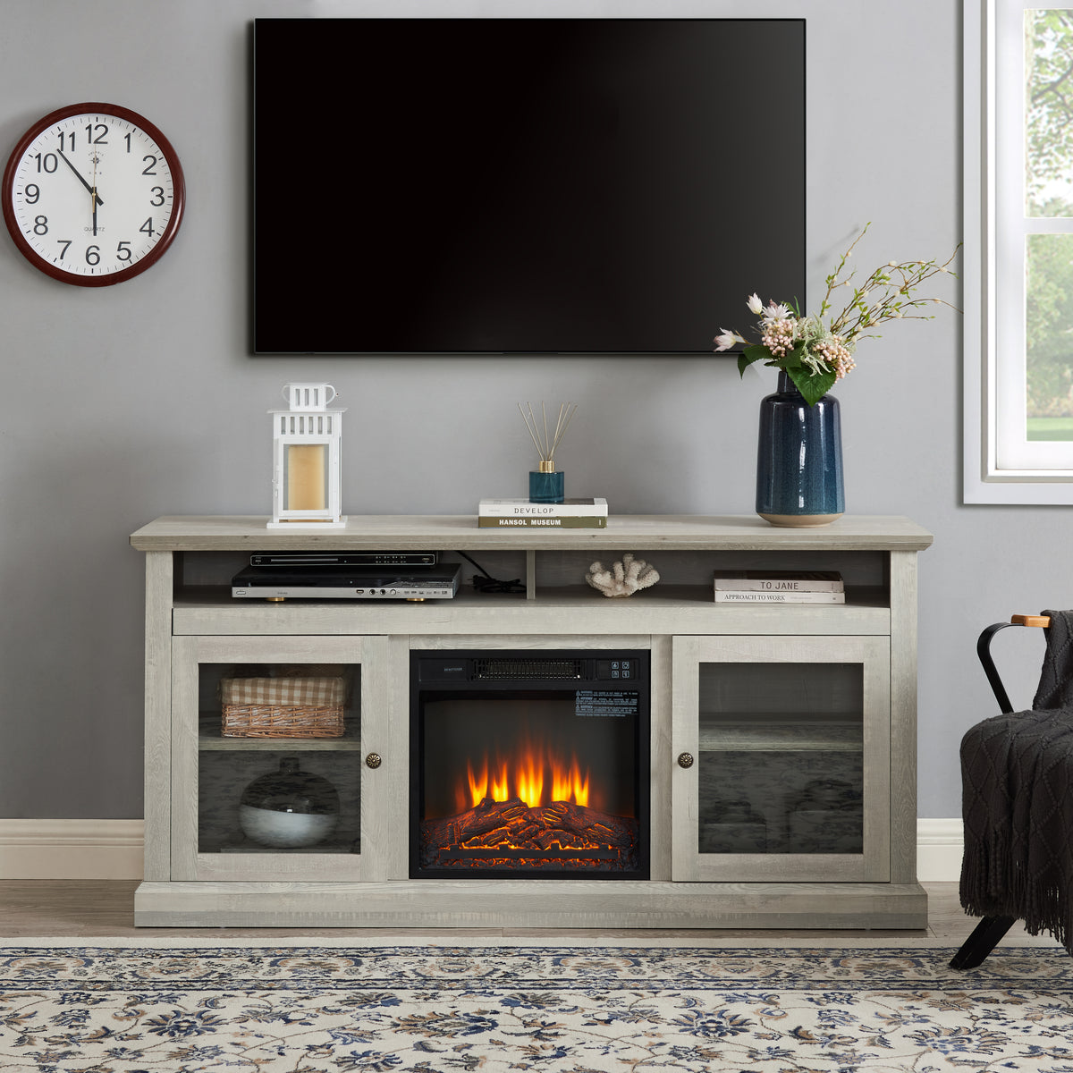 60-Inch Stone Gray MDF Fireplace TV Media Stand