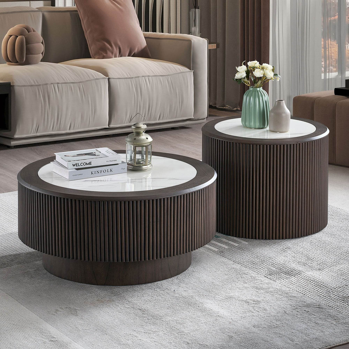 Modern Round Pedestal Coffee Table Set With Faux Marble