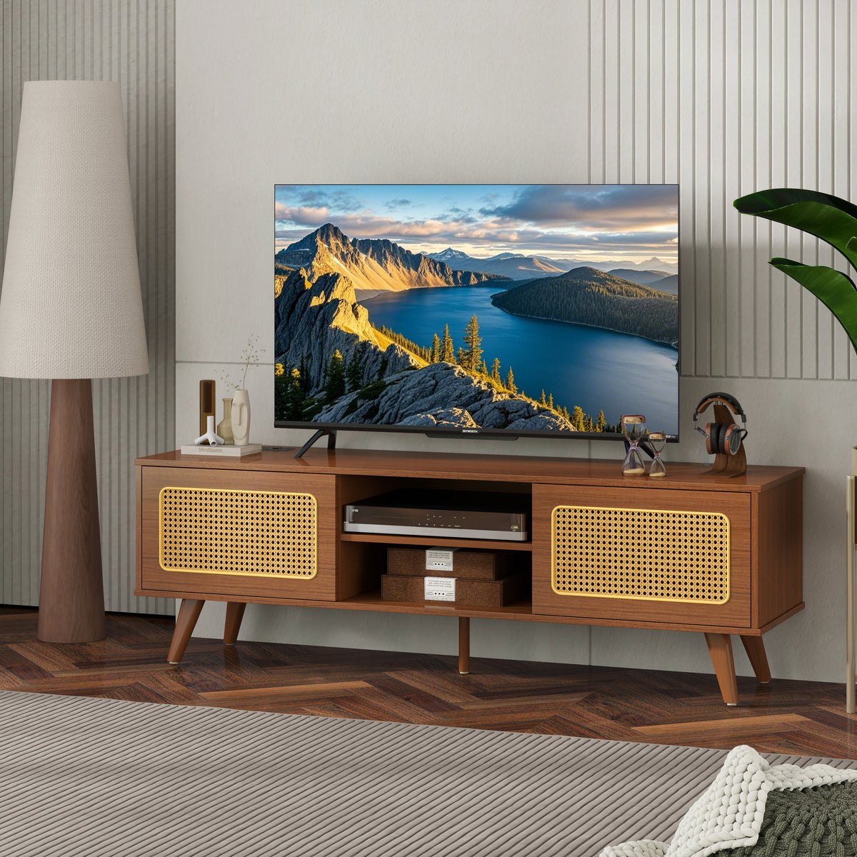 Mid Century Modern Rattan TV Stand Console