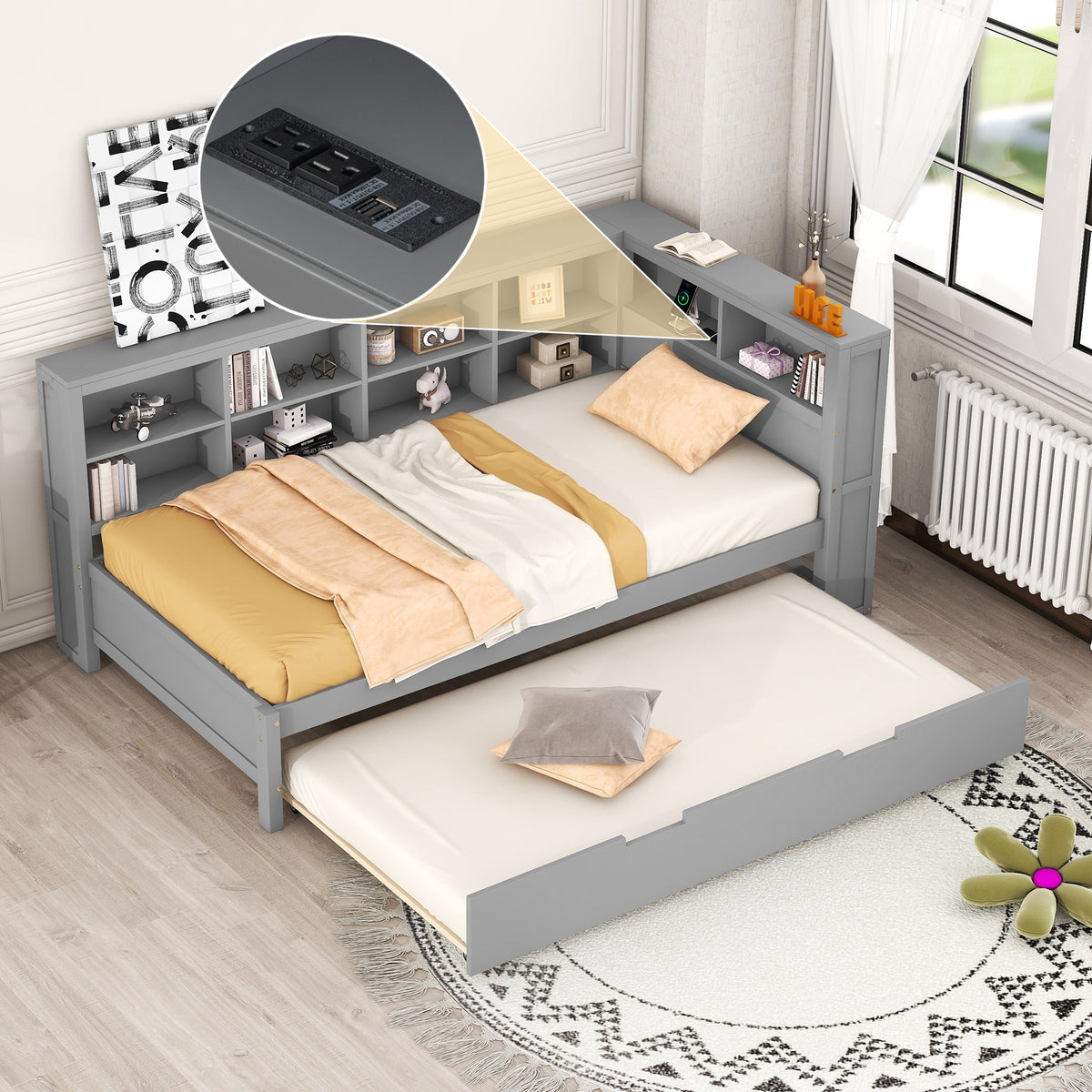 Twin Size Wooden Daybed With Trundle Storage And USB Charging