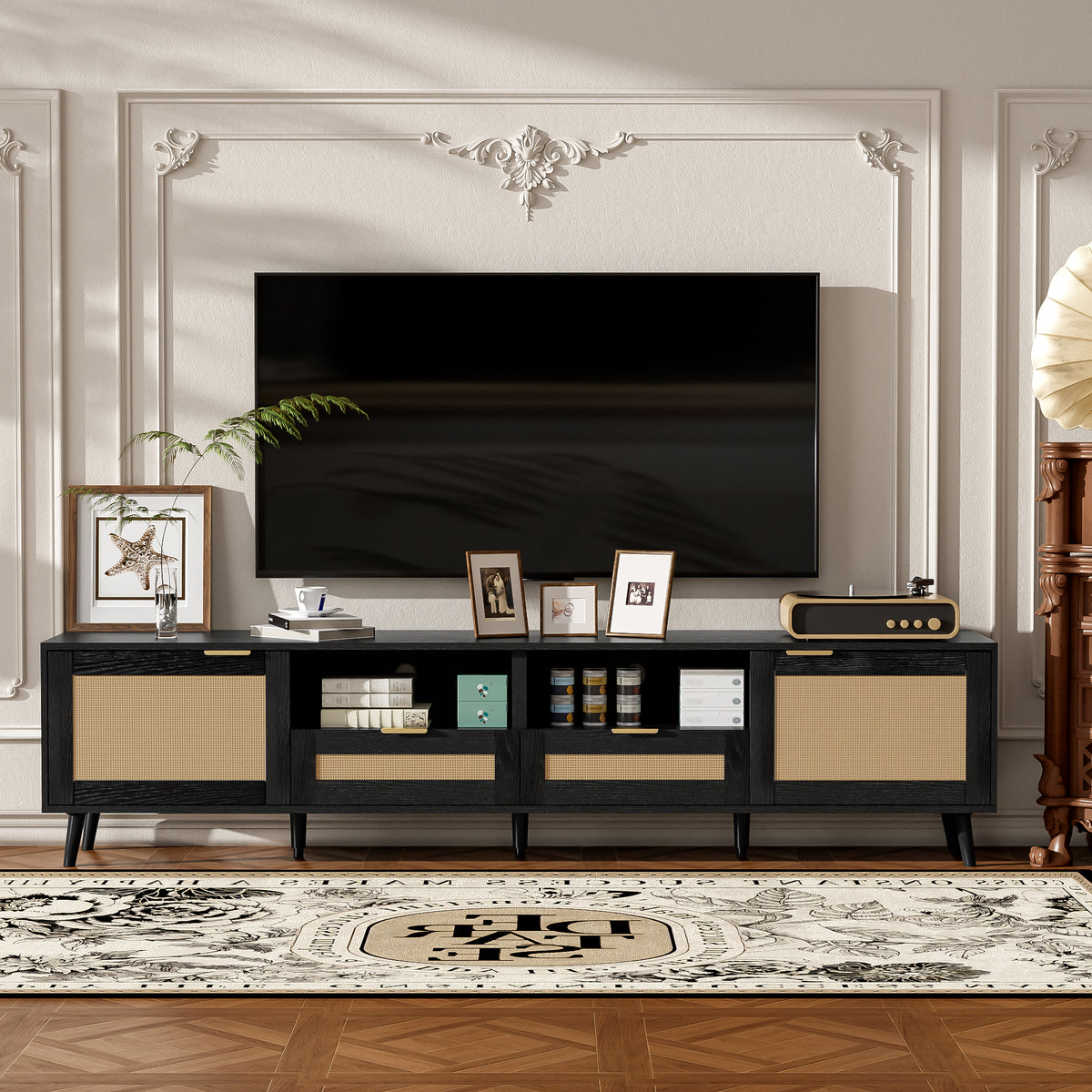 Modern Rattan TV Stand With Storage Cabinet