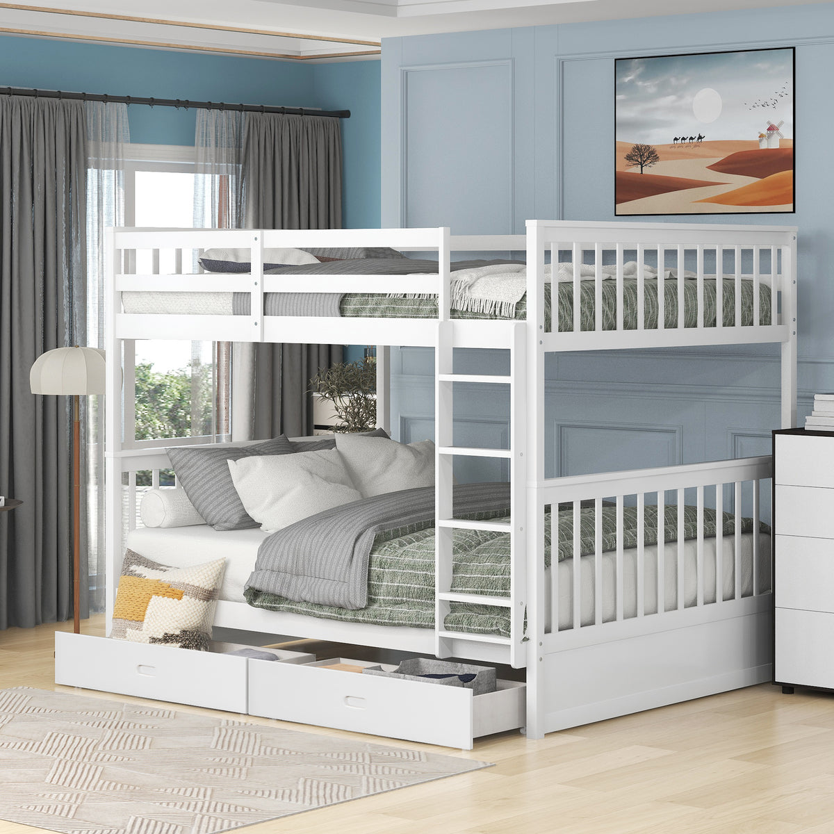 Full-Over-Full Solid Wood White Bunk Bed With Drawers