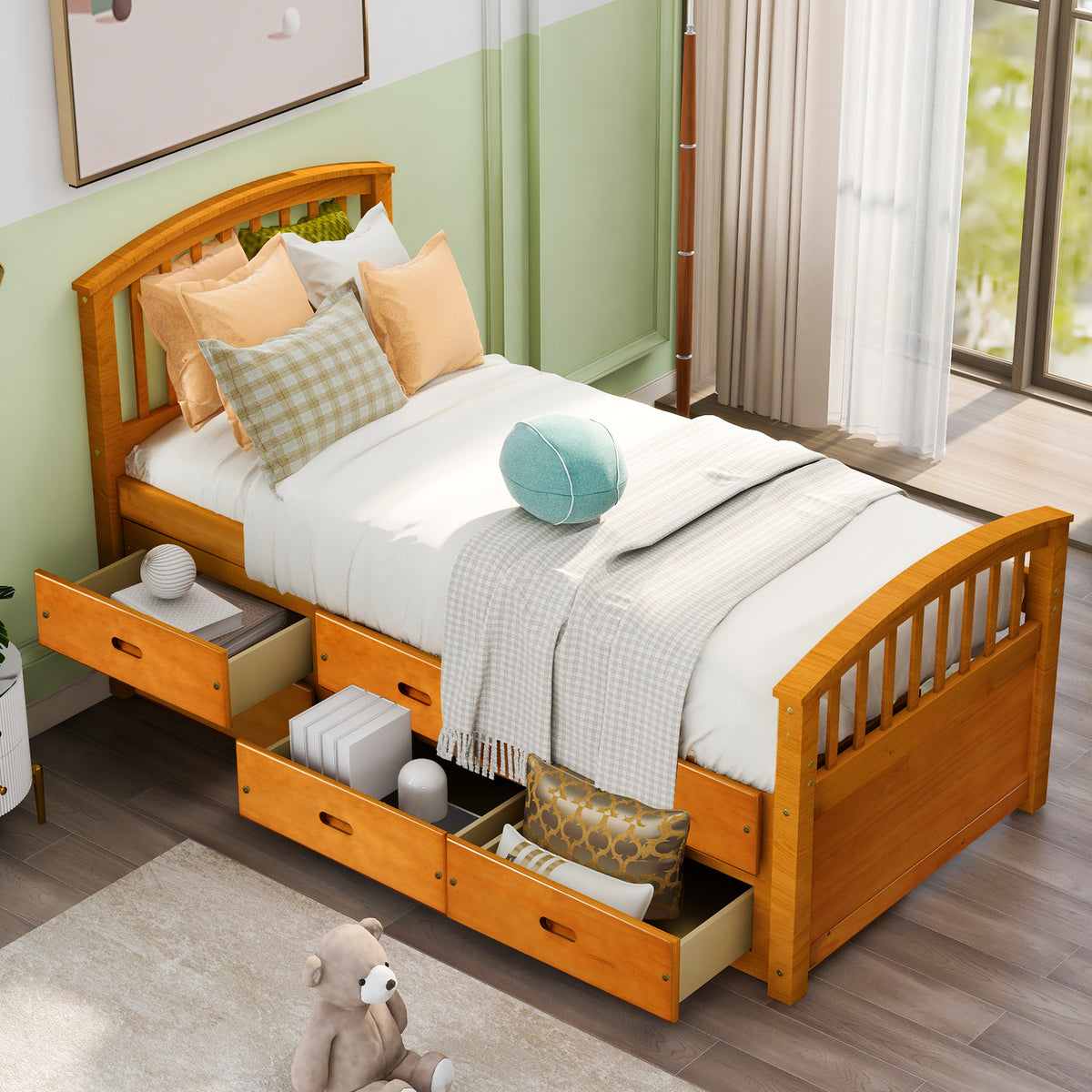 Twin Solid Wood Platform Storage Bed With Drawers