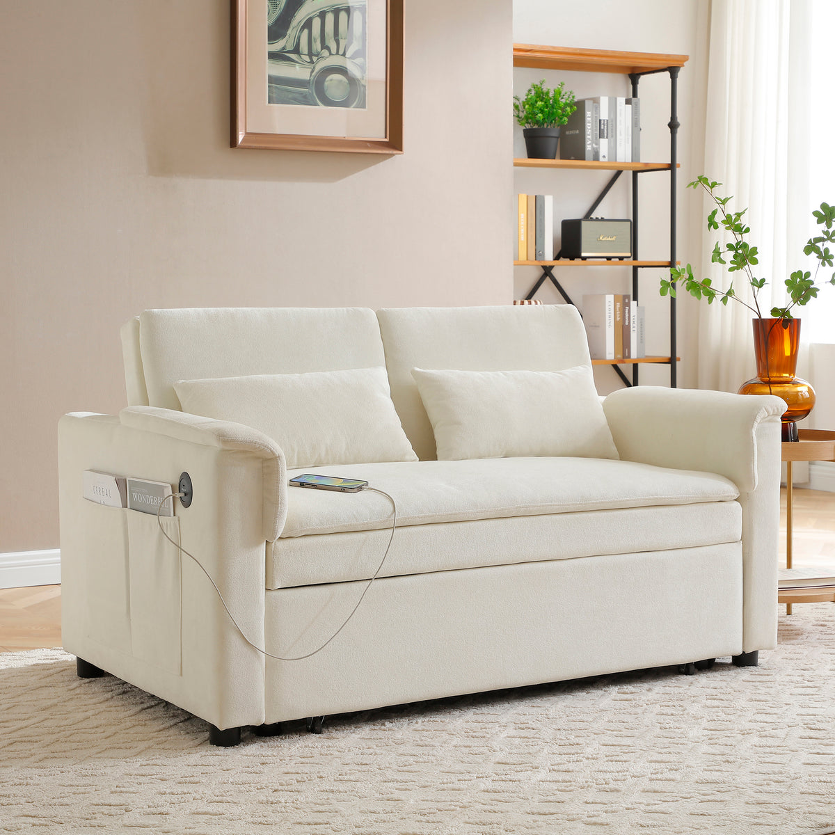 Velvet Pull Out Sofa Bed With Adjustable Backrest