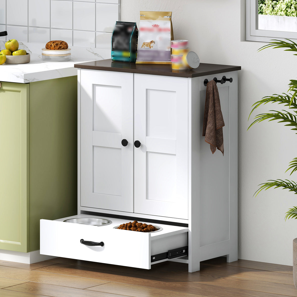 Hidden Pull-Out Dog Feeding Station With Bowls