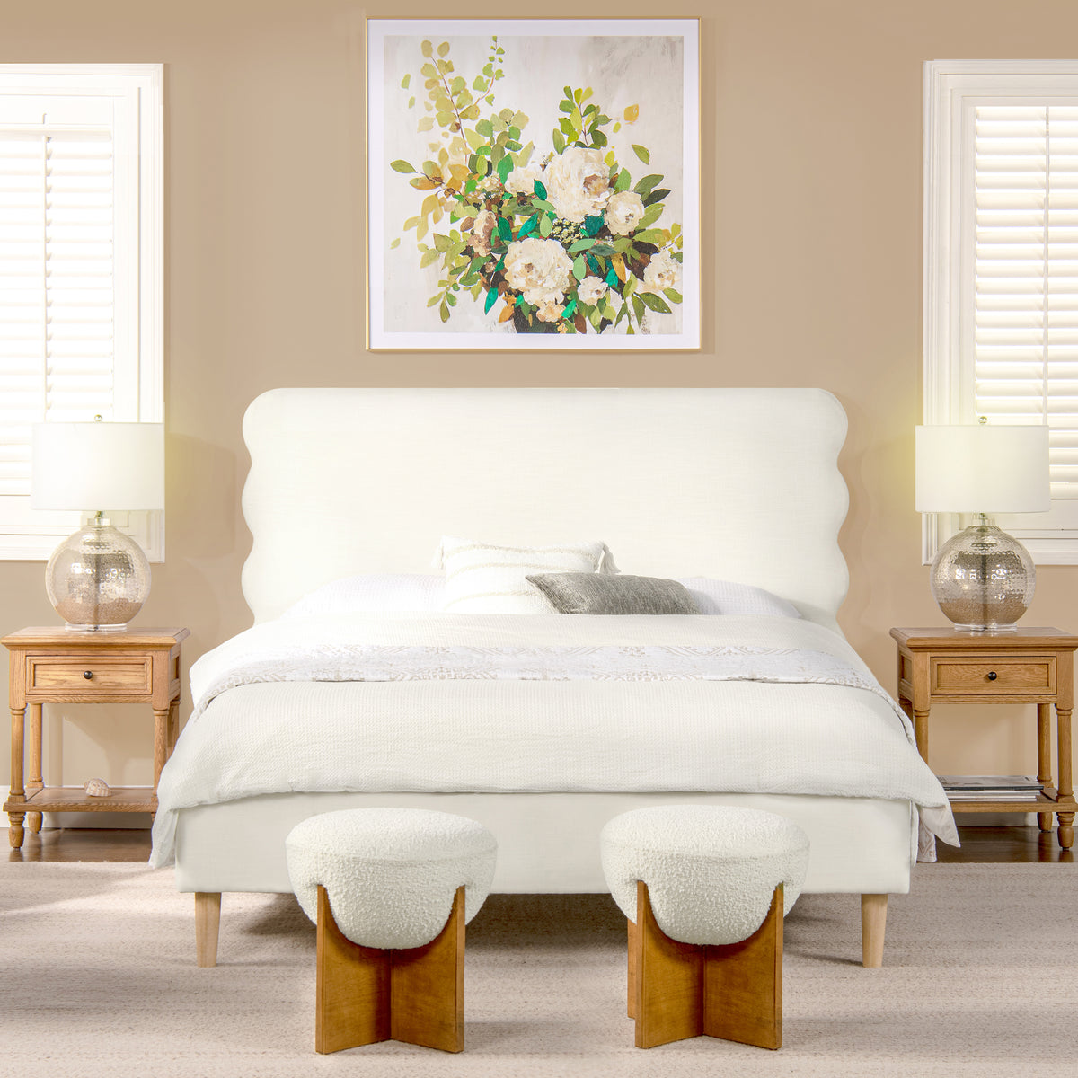 Antique White Upholstered Wavy Headboard Platform Bed