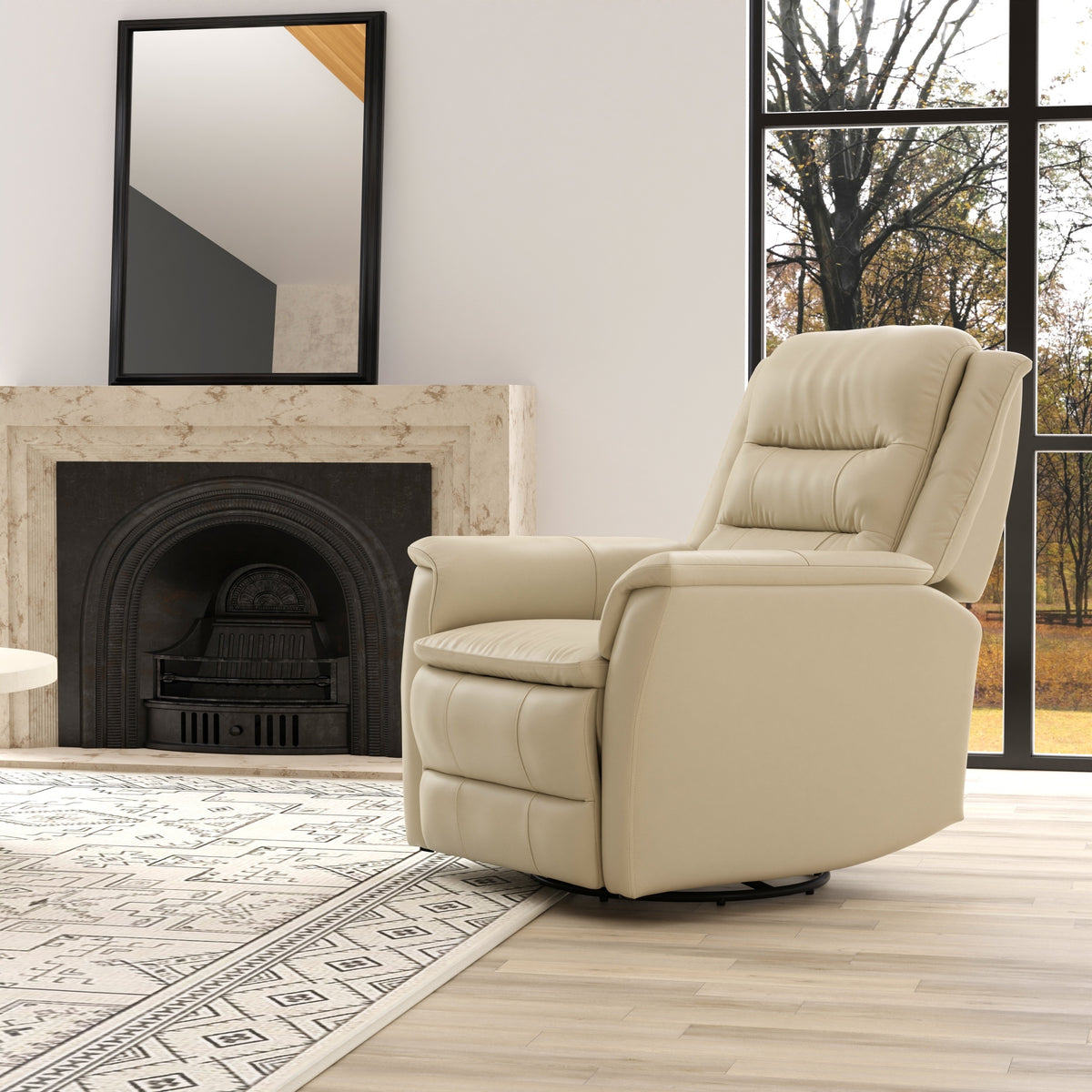 Swivel Glider Recliner With Manual Footrest And Leather Upholstery
