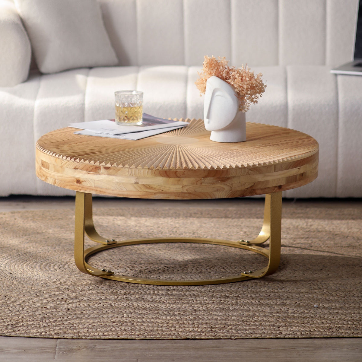 Modern Round Carved Pine Wood Coffee Table