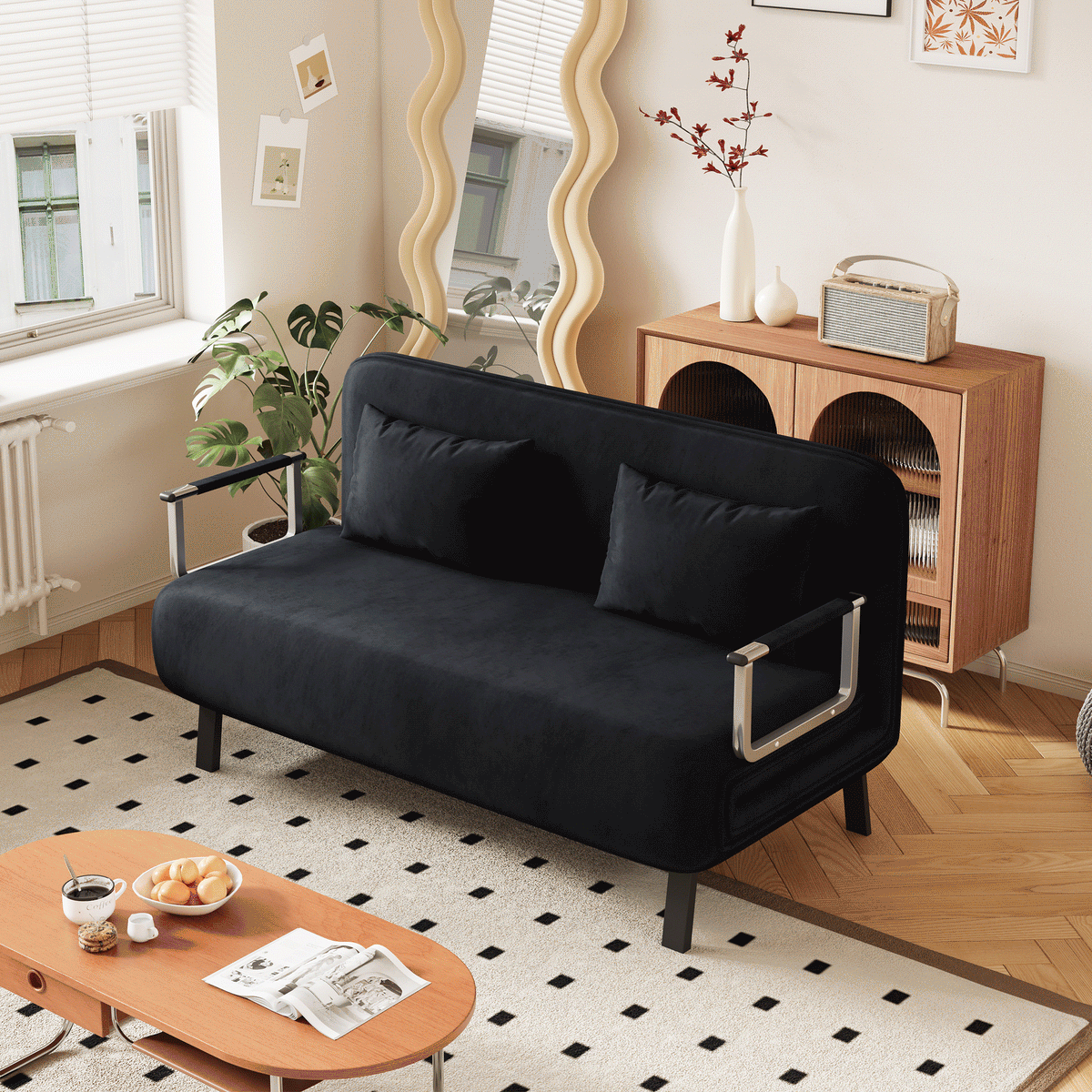 Convertible Velvet Sofa Bed With Adjustable Backrest