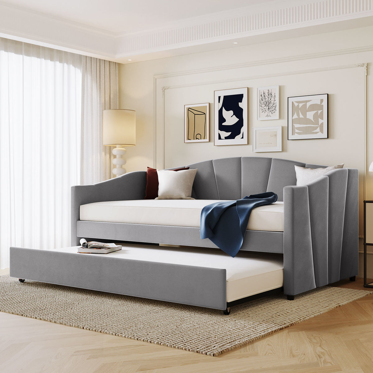 Upholstered Twin Daybed With Trundle And Wood Slats