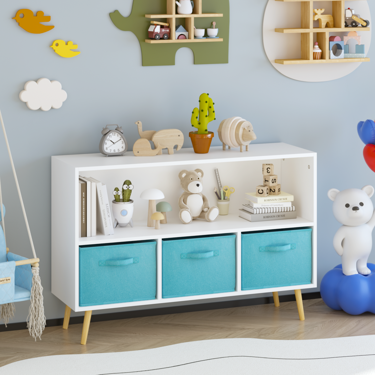 Kids MDF Bookcase With Collapsible Fabric Drawers