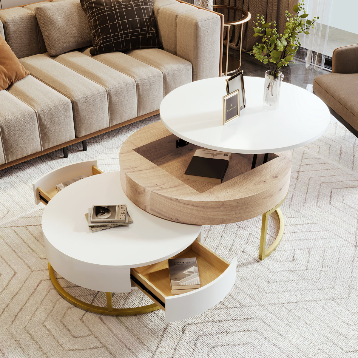 Modern Round Lift-Top Nesting Coffee Tables With Drawers