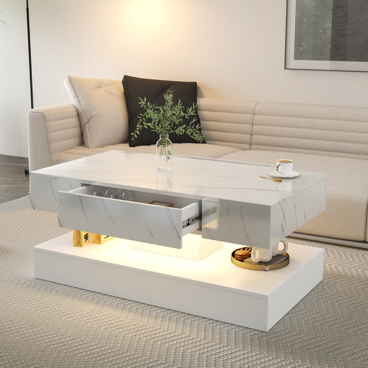 Modern LED Coffee Table With Storage Drawer and Lights