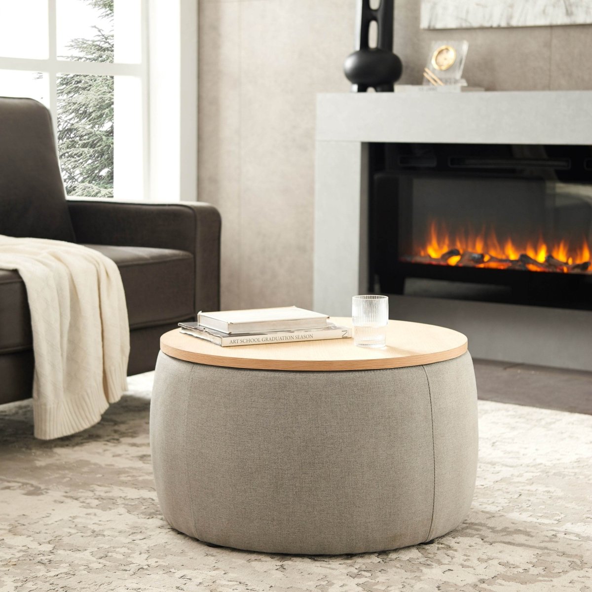 Round Linen Upholstered Storage Ottoman With Removable Top - Blissora - Sleep Galleria