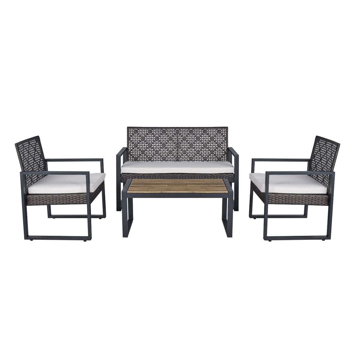 Modern 4-Piece PE Rattan Acacia Wood Outdoor Furniture Set