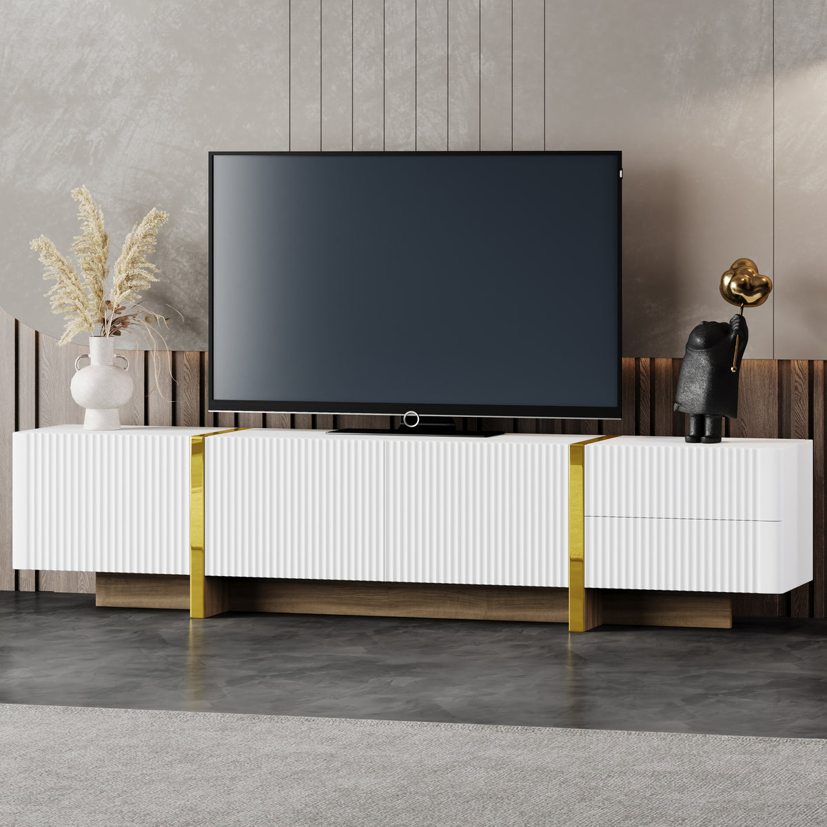 Luxury Fluted White And Gold Wood Grain TV Stand
