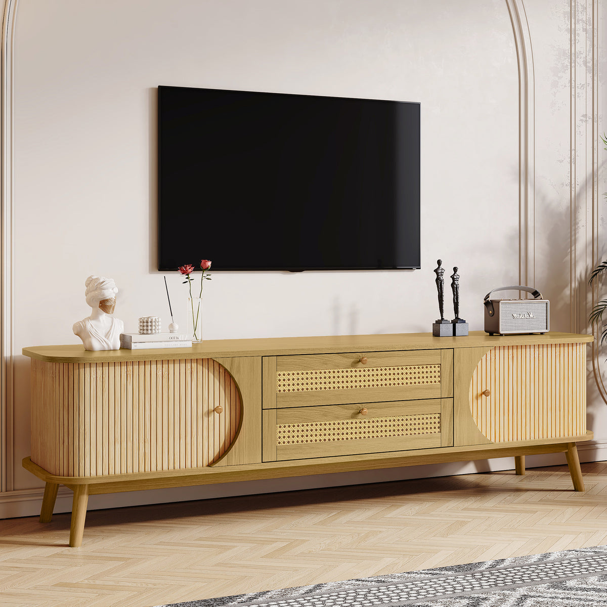 Rattan Solid Wood TV Stand With Storage Drawers
