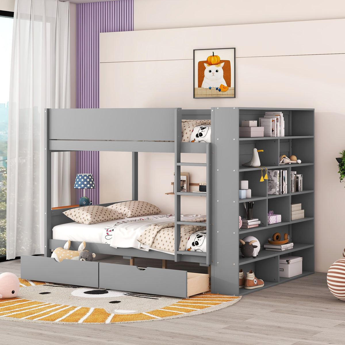 Full Over Full Solid Wood Bunk Bed With Storage Drawers