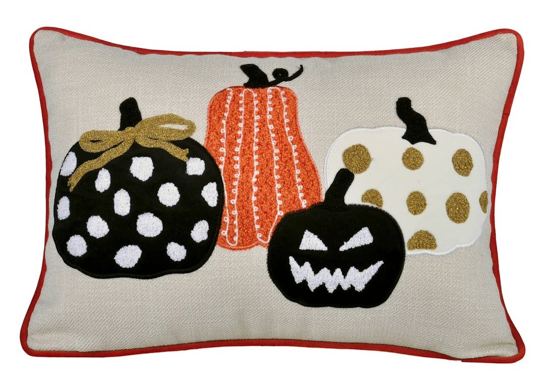 Halloween Pumpkin Embroidered Polka Dot Linen Throw Pillow