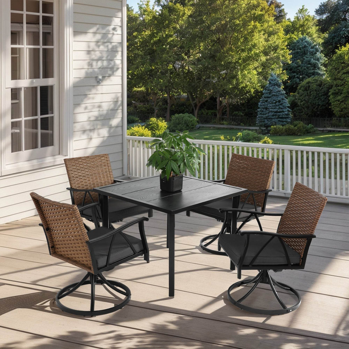 5 Piece Outdoor Wicker Patio Dining Set With Swivel Rocker Chairs