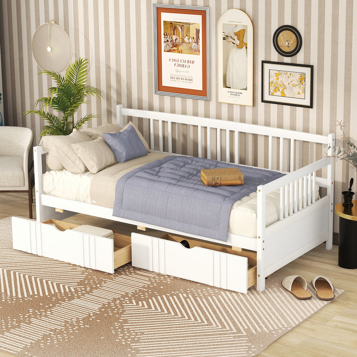 Twin Size Solid Wood Daybed With Two Drawers