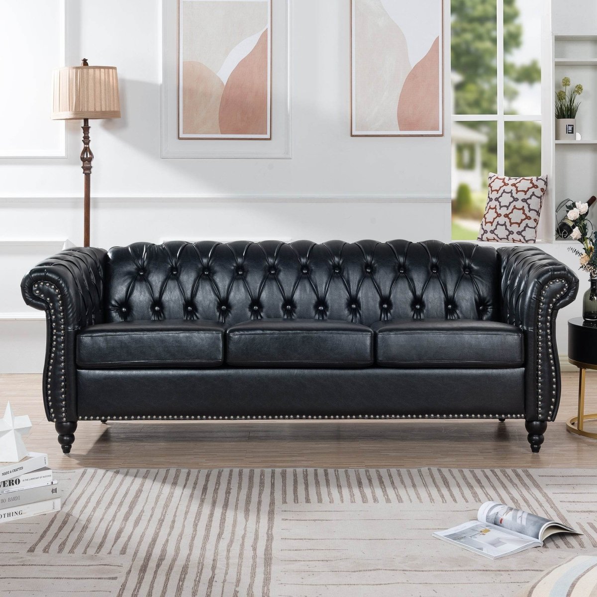 Black PU Rolled Arm Chesterfield Sofa - Calmora - Sleep Galleria