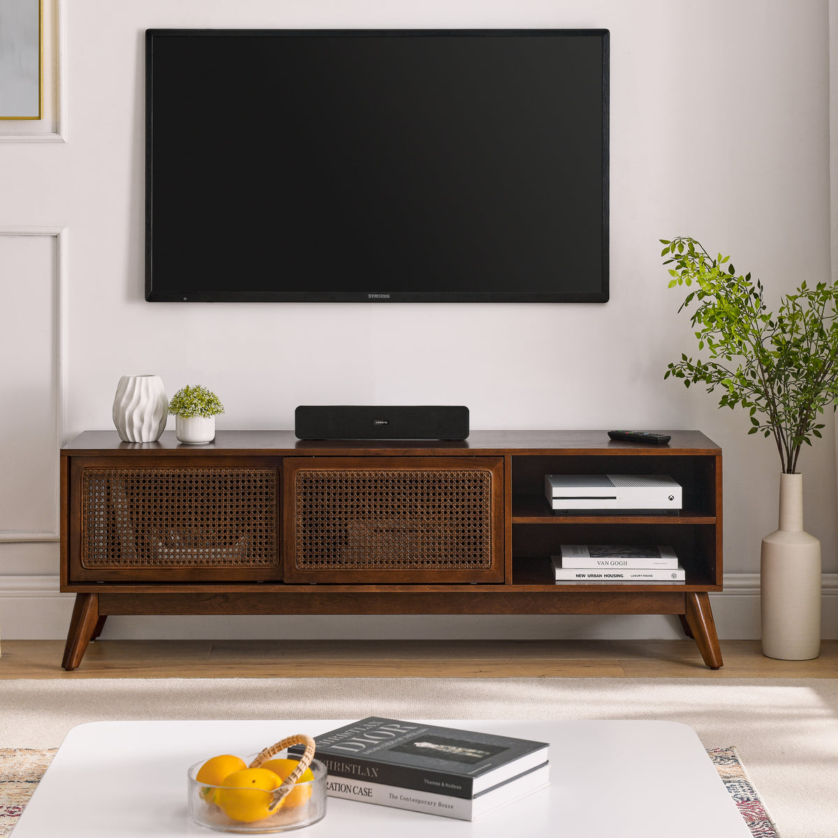 59-Inch Mid Century Modern Rattan TV Stand Cabinet