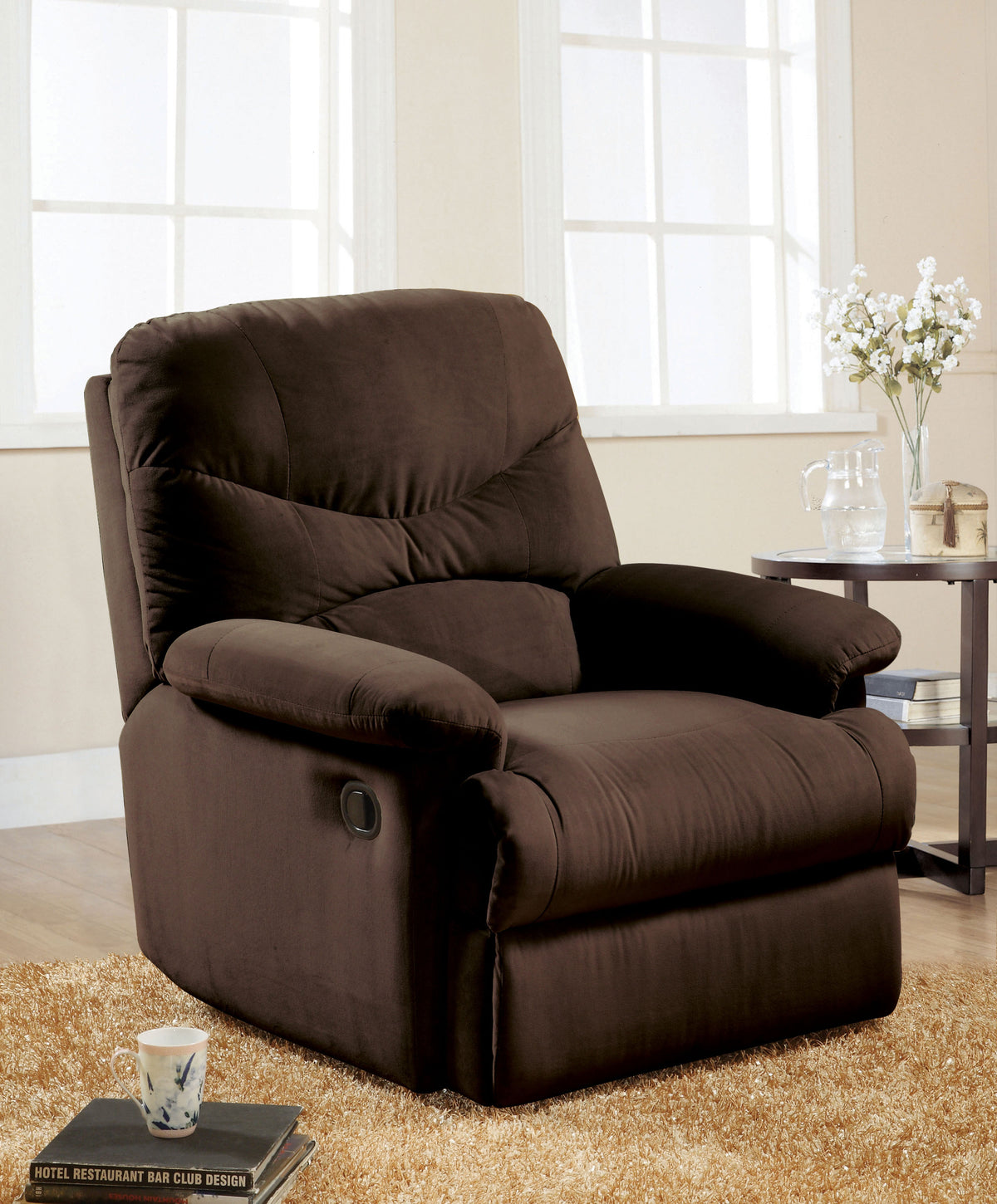Chocolate Microfiber Glider Recliner With Pillow Top Arms