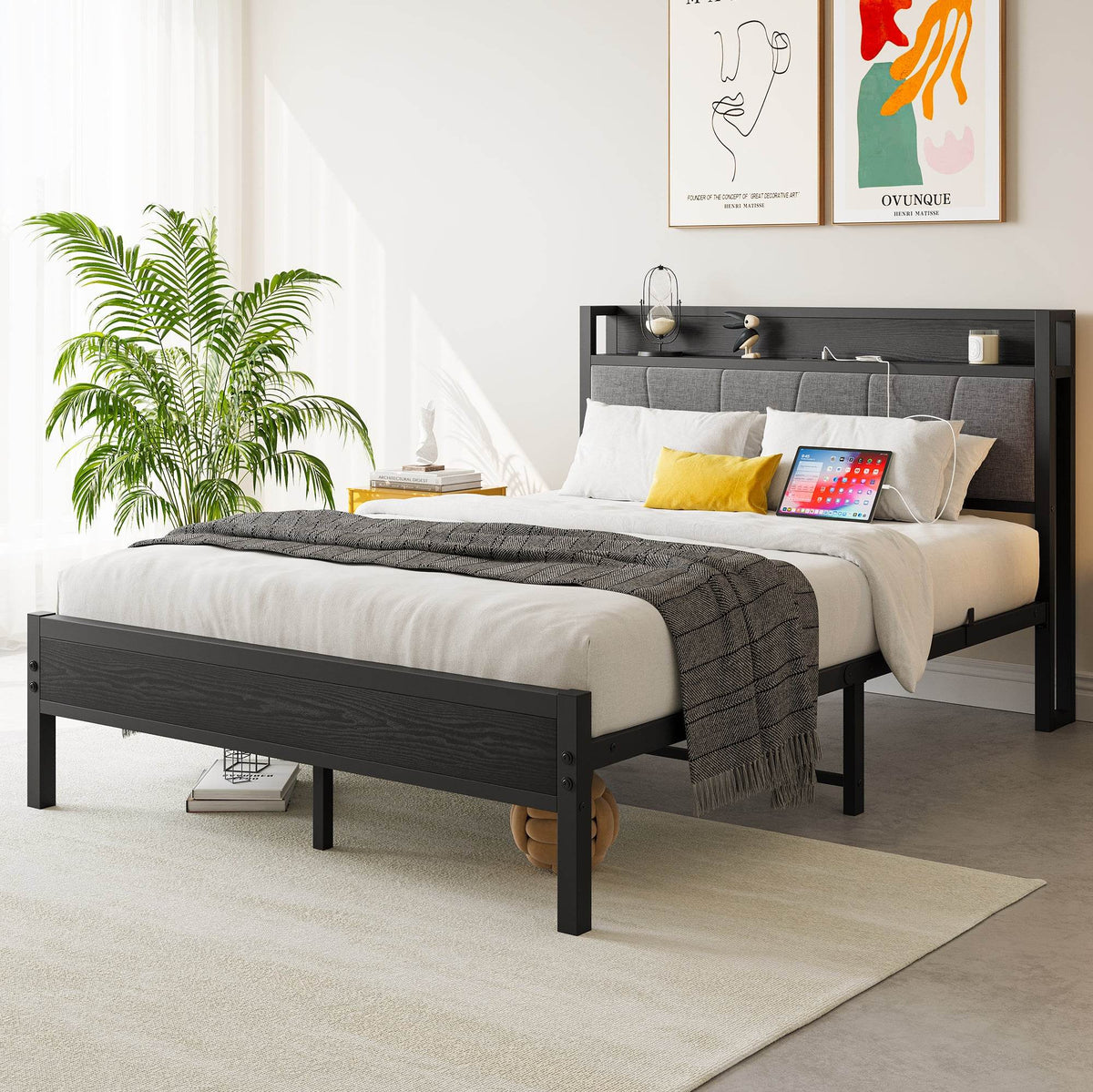 Full Full Size Bed Frame With Storage Headboard Charging Station